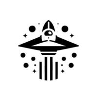 Stylized black and white illustration of a spaceship ascending, surrounded by geometric elements dots, stars, and a striped base. vector