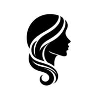 Elegant silhouette of a womans profile with flowing hair, depicted in black and white minimalism, suitable for branding or designs. vector