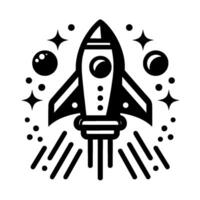 Illustration of a rocket launching into space, surrounded by stars and planets in a bold black and white style. vector