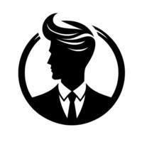 Silhouette of a stylish man in a suit within a circle, featuring elaborate hair, representing professionalism and modern design. vector
