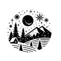 A serene, minimalist winter scene in a circular design, featuring snowcovered mountains, crescent moon, stars, snowflakes, trees, and a cozy cabin, all rendered in monochrome. vector