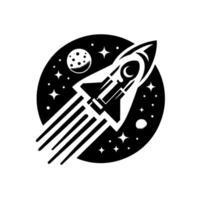 A minimalist black and white depicting a stylized rocket launching into space, surrounded by stars, planets, and set within a circular frame. vector