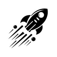 Sleek black and white rocket blasting off, leaving trails and spheres in its wake against a pristine white background. vector