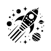 A bold black and white illustration depicting a rocket ship blasting off into space, surrounded by stylized planets, stars and celestial objects. vector