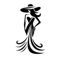 Elegant silhouette a stylized illustration of a woman in a widebrimmed hat and flowing gown, exuding grace and sophistication in a minimalist black and white design. vector