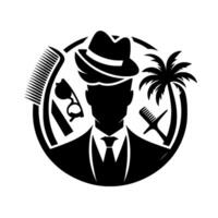 A sleek, stylized black and white barber featuring a fedorawearing figure, combs, sunglasses, and palm tree, set in a circular composition. vector