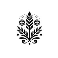 Elegant black and white winter emblem a symmetrical featuring a stylized central element with chevron detailing, flanked by snowflakes and foliage, against a clean white backdrop. vector