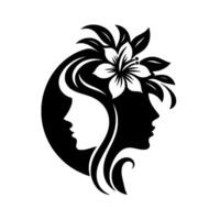 A symmetrical featuring two female profiles in negative space, adorned with a central flower and surrounding foliage, set against a bright white background. vector