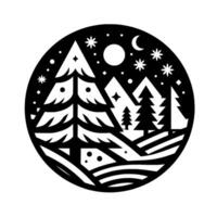 Circular black and white silhouette of a winter forest scene, featuring snowflakes, stars, crescent moon, and trees in a serene nightscape. vector