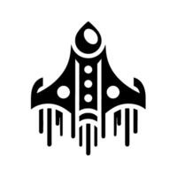 Stylized black and white rocket ship illustration, with a symmetrical design, featuring circular accents and vertical exhaust trails, set against a clean white background. vector