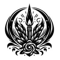 A symmetrical, monochrome illustration of a torch with flame, surrounded by stylized feathers, roses, and circular elements, conveying harmony. vector