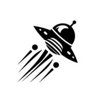 Black and white stylized ufo in flight, depicting a classic flying saucer on a white background with motion trails. vector