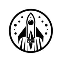 A bold, monochromatic featuring a stylized rocket ship within a circle, with small circular dots surrounding it, suggestive of stars or a cosmic setting, on a clean white background. vector