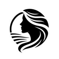 Silhouette of a woman with flowing hair inside a circular frame, minimalistic with black and white contrast, evokes elegance. vector
