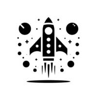 Simplified black white illustration of rocket launching into space with planets, stars, and a minimalist style. vector