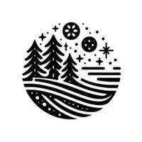 Black and white winter landscape illustration with stylized trees, moon, stars, snowflake, and flowing lines, enclosed in a circle. vector