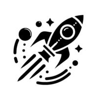 A stylized black and white rocketship soaring through space, with stars and orbits, illustrating a journey. vector