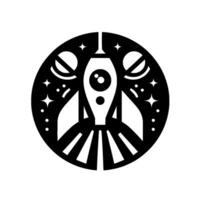A stylized, minimalist black and white circular emblem featuring a rocket blasting off, flanked by planets and stars, conveying adventure and space exploration. vector