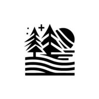 A minimalist monochrome landscape design, featuring stylized fir trees, a sun, cross, dots, and layered horizon, conveying tranquility. vector