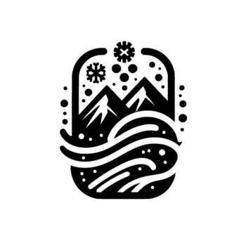 A stylized black and white illustration within a rounded rectangular frame, depicting a winter mountain scene with snow, wind and an impression of cold. vector