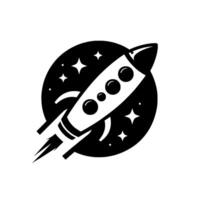 A sleek, monochromatic rocket ship blasting off against a starry backdrop, evoking a sense of adventure and cosmic exploration in a minimalist style. vector