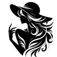 Elegant silhouette of a woman in a widebrimmed hat with flowing hair, exuding grace and sophistication, in black and white. vector