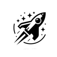 A bold, monochromatic of a rocket ship ascending amidst stylized stars, conveying a sense of speed, ambition, and interstellar exploration. vector