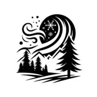 Silhouette winter scene evergreen trees, snowy mountains, and a stylized moon with snowflakes, evoking cold, crisp, and peaceful ambiance, a minimalist design. vector