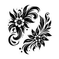 Elegant black and white floral symmetrical arrangement of two stylized flower leaf clusters with ornamental swirls dots on a clean white background. vector