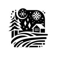 Stylized winter scene snowcovered house, fir tree, and falling snowflakes depicted within a square, monochromatic, stencillike illustration. vector