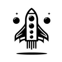 A minimalist monochrome rocket illustration depicting a stylized spacecraft in the midst of liftoff, accompanied by celestial orbs and stars, symbolizing space exploration. vector