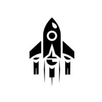 A minimalist black and white illustration of a stylized rocket ship launching, with simple geometric shapes and a dynamic sense of movement against a clean white background. vector