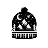 Black and white winter scene snowflakes, moon, mountains, and evergreen trees inside a pompom hat design. vector