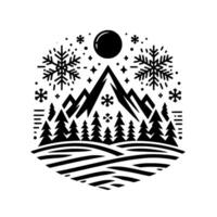 A stylized, black and white winter landscape, featuring mountains, pine trees, snowflakes, a full moon, and celestial stars within a hexagonal frame. vector