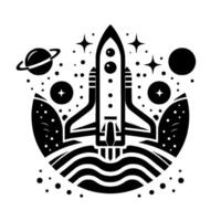 Abstract monochrome illustration of a rocket ship launching into space, surrounded by planets, stars, and cosmic elements vector