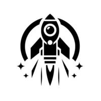 Stylized black and white rocket ship emblem, soaring with starry trails, within a circular frame vector