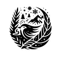 A circular black and white winter scene featuring a stylized bird amidst stylized mountains, trees, snowflakes, and foliage. vector