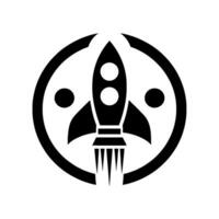 Bold black rocketship emblem inside a stylized circle, with two orbiting dots and retro flames, representing space exploration and design. vector