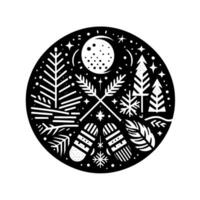 A stylized winter scene within a circle, featuring a full moon, mittens, trees, crossed arrows, snowflakes, and stars, rendered in a minimalist black and white design. vector