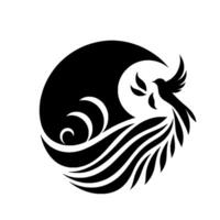 A minimalist black and white illustration featuring a stylized bird emerging from a cresting wave, integrated within a circular, abstract composition. vector