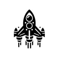 A minimalist, stylized black and white illustration of a retro rocket ship, featuring circular windows, streamlined design, and engine flames, set against a white backdrop. vector