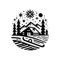 A stylized, black and white winter scene within a circular frame, depicting a cabin nestled between snowcovered mountains, trees, snowflakes, and a sled. vector