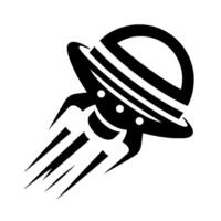 A stylized black and white illustration of a retrofuturistic ufo with stripes, three lights and a sleek, fastmoving design, isolated on a white background. vector
