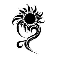 A stylized black and white sun tattoo design, featuring a central dark circle with radiating curved lines and swirling ornamental elements, isolated against a white backdrop. vector