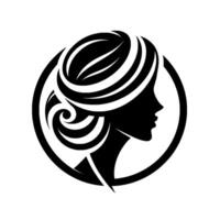 Elegant silhouette of a woman in a circle black and white artistic rendering featuring classic hairstyle, simple and refined design, emphasizing beauty and grace. vector