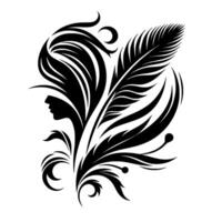 Elegant silhouette of a womans profile adorned with feather and flowing hair, black and white floral on white. vector