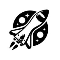 A sleek, stylized black and white illustration depicting a rocket ship blasting off within a cosmic sphere, amidst stars and celestial elements, exuding a sense of adventure. vector