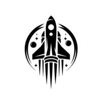 Illustration of a stylized black rocket blasting off from a base within a circular orbital frame, surrounded by planets and stars, set against a white backdrop. vector