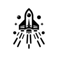 A minimalist black and white illustration of a rocket ship taking off amidst stars and circular celestial bodies, showcasing bold lines. vector