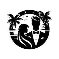 Elegant silhouette of a couple on a tropical beach under a moonlit sky, representing romantic getaway or wedding. vector